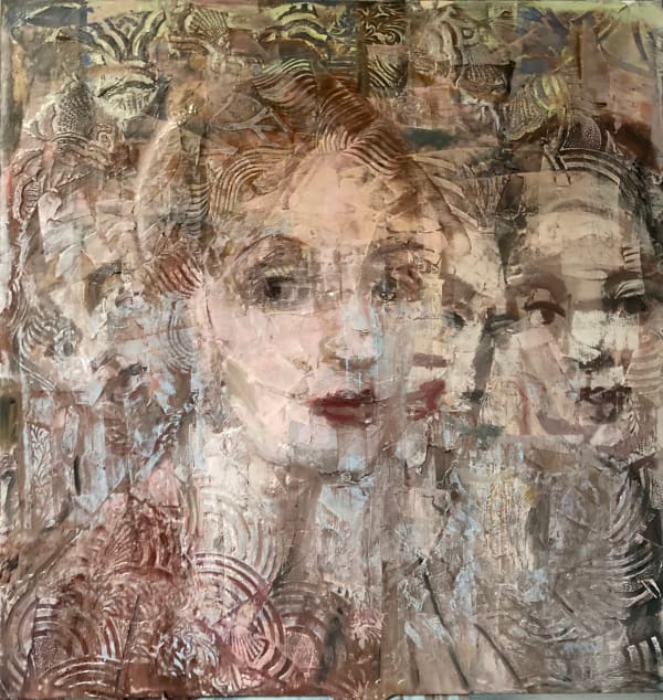 Oil and mixed media work by female artist, Corrina Button, depicting an abstract portrait of women in red and brown hues at Turner Art Perspective, Essex Gallery.