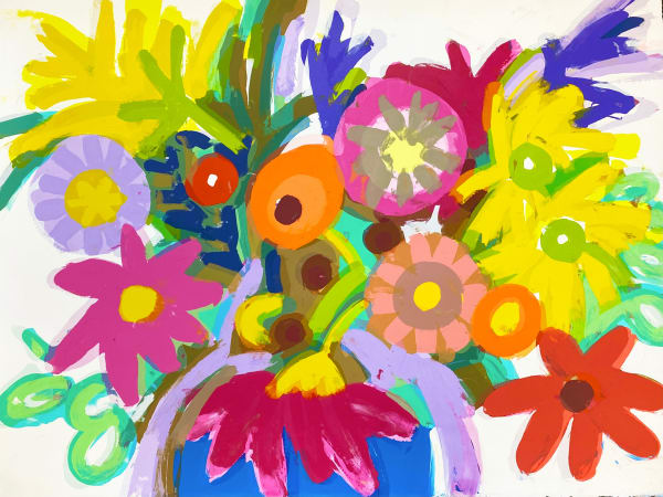 Flowers in blue vase poppy in muddle yellow, reds purple flowers