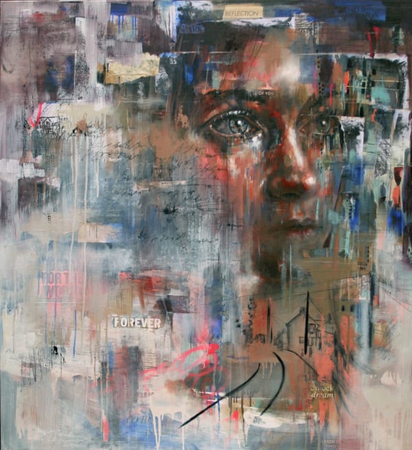 Original Painting with spray paint by British female artist Toni Codgell titled Back to You, depicting a close-up female face with newspaper background and pink and blue spray-painted strips in a street art style. Turner Art Perspective, Essex Gallery.