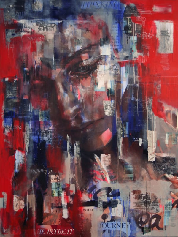 Original Painting with spray paint by British female artist Toni Codgell titled Attunement, depicting a close-up female face with newspaper background and red and blue spray-painted strips in a street art atyle. Turner Art Perspective, Essex Gallery.