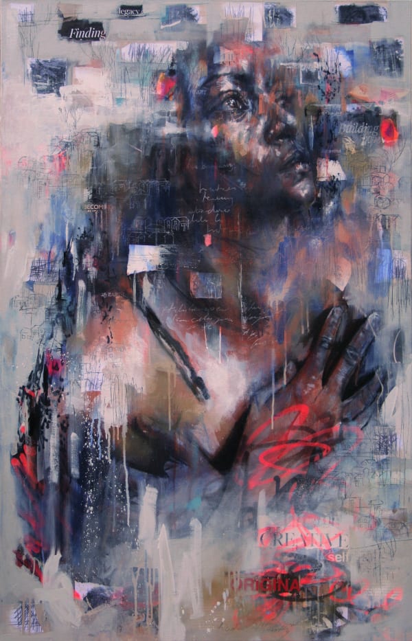 Original Painting with spray paint by British female artist Toni Codgell titled Listen To Your Longing, depicting a close-up of a women’s face with layers of blue and pick tones with painted words and collaged images in a street art style. Turner Art Perspective, Essex Gallery.