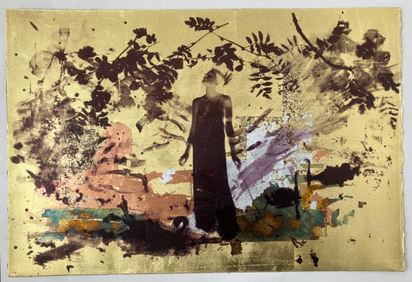 rosie emerson I have fallen a long way, clouds are flowering (Gold Edition) screenprint gold leaf fantasy woman black gold flower nature turner art perspective essex art gallery