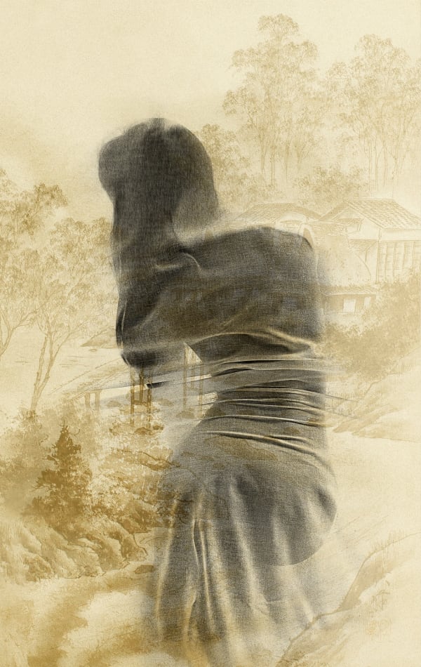 Silhouette of woman in sepia forest