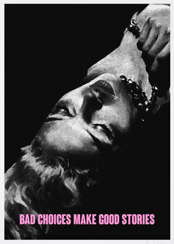 Mr Controversial, artist, bad choices make good stories, ink text, diamond dustes silkscreen, black and white portrait, turner art perspective gallery