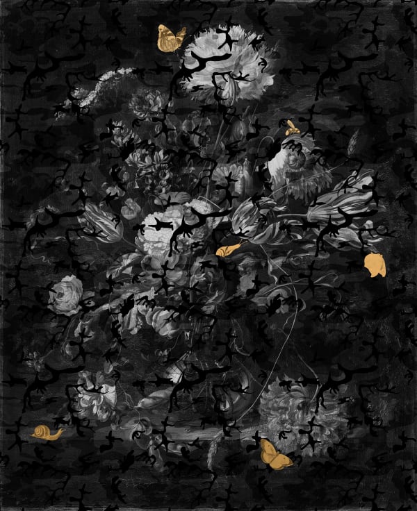 Black flowers with gold leaf insects