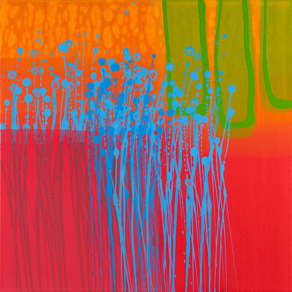 Charlotte Cornish, Artists, Logan's Meadow III, Neon on canvas, Red, Gren, Orange, Blue, Turner Art Perspective, Essex Chelmsford Art Gallery