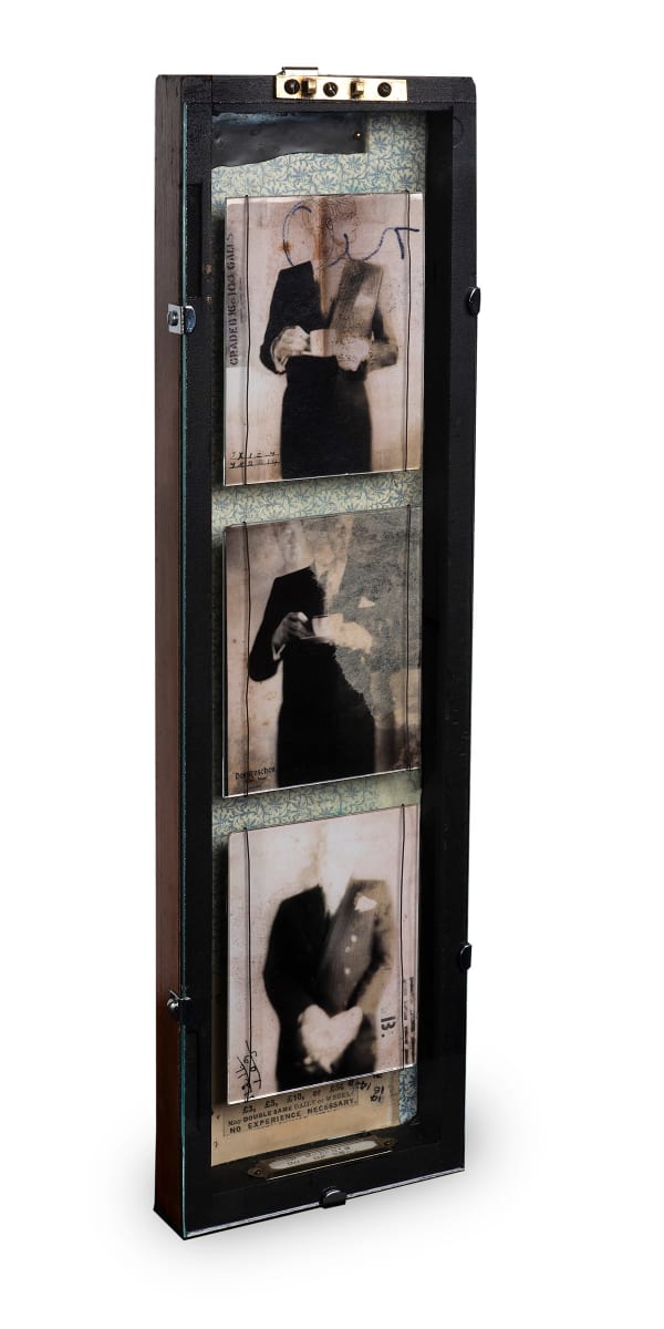 Vintage wooden story box with three photograph images of man