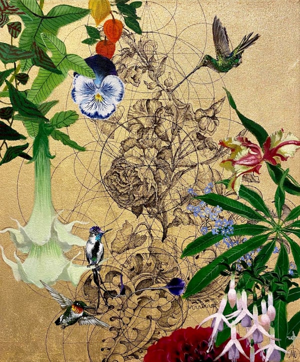 Marco Araldi, Kin 1, Gold gilding, ink and acrylic on canvas. Fine-line geometric patterns overlaid with soft natural paintings of flora and birds - Available now through Turner Art Perspective, Essex Gallery.