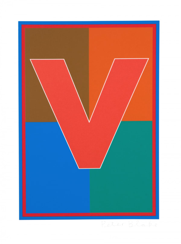 Limited edition silkscreen print by Iconic British Pop artist, Sir Peter Blake titled The Dazzle Alphabet Letter, 2017 featuring a colourful pop art depiction of the letter V. Turner Art Perspective, Essex Gallery.