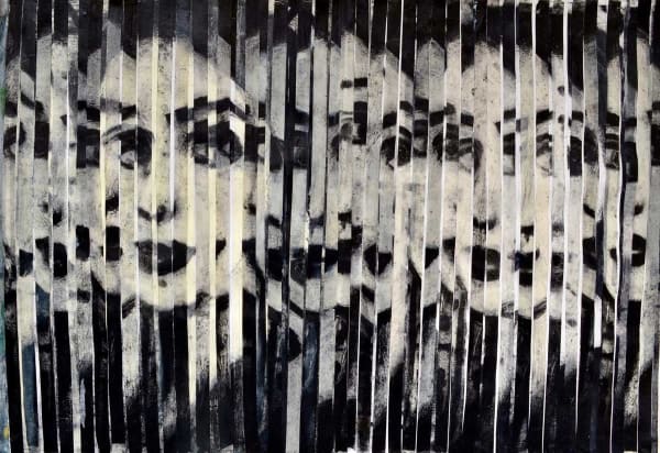 Mixed media monoprint on paper by female artist, Corrina Button of an abstract close-up portrait of a woman in black and white. Turner Art Perspective, Essex Gallery.