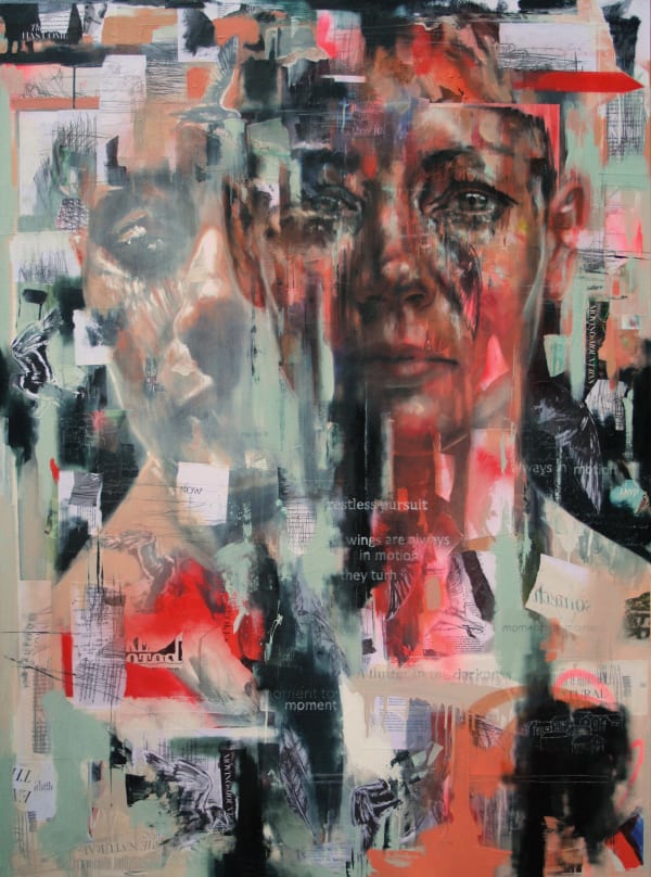 Original Painting with spray paint by British female artist Toni Codgell titled Ambition Bird depicting a close-up female face with red, green and white paint layers in a street art style on a collage of newspaper print. Turner Art Perspective, Essex Gallery.