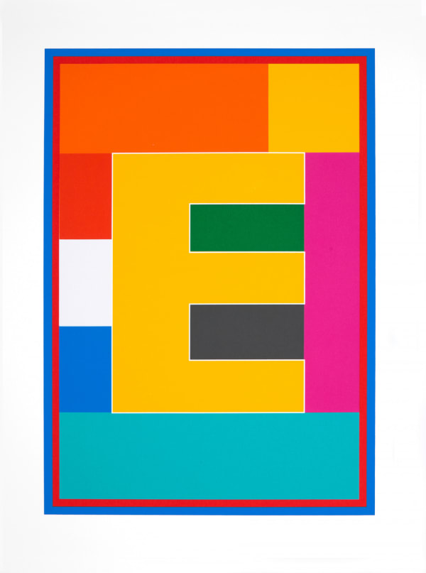 Limited edition silkscreen print by Iconic British Pop artist, Sir Peter Blake titled The Dazzle Alphabet Letter, 2017 featuring a colourful pop art depiction of the letter E. Turner Art Perspective, Essex Gallery.