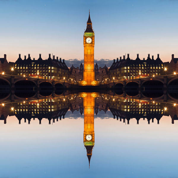 Mirrored photograph of Big Ben at evening time