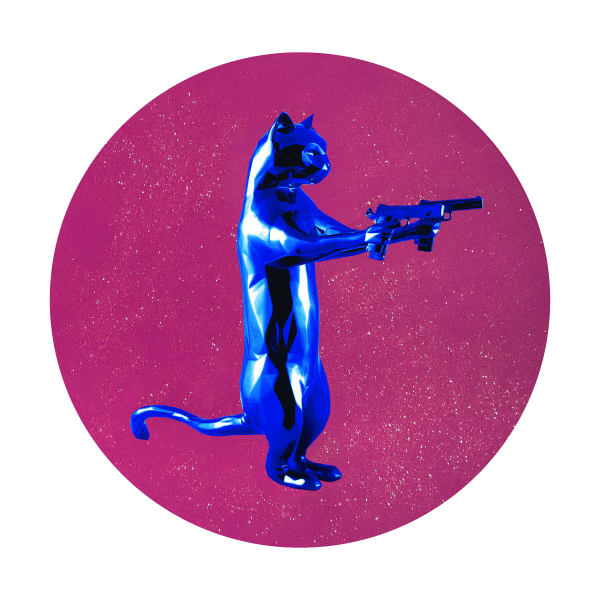 Blue & pink rebel with the paws cat glitter sculpture print holding guns