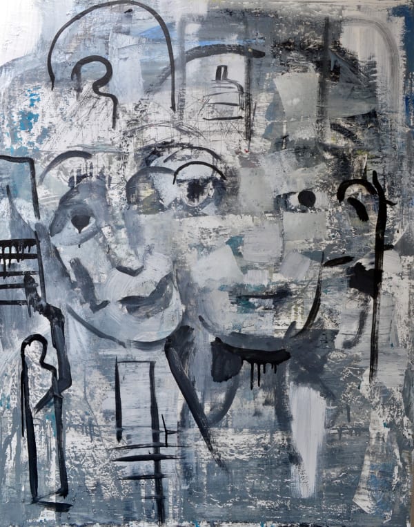 Oil and mixed media painting by female artist, Corrina Button, depicting an abstract portrait with blue hues. Turner Art Perspective, Essex Gallery.