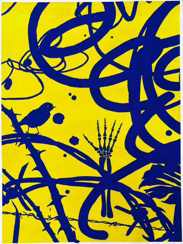 Dan Baldwin, Artist, Original, Yellow, Blue, Birds, Barbed wire, skeleton hand, Turner Art Perspective, Chelmsford, Essex, Art Gallery