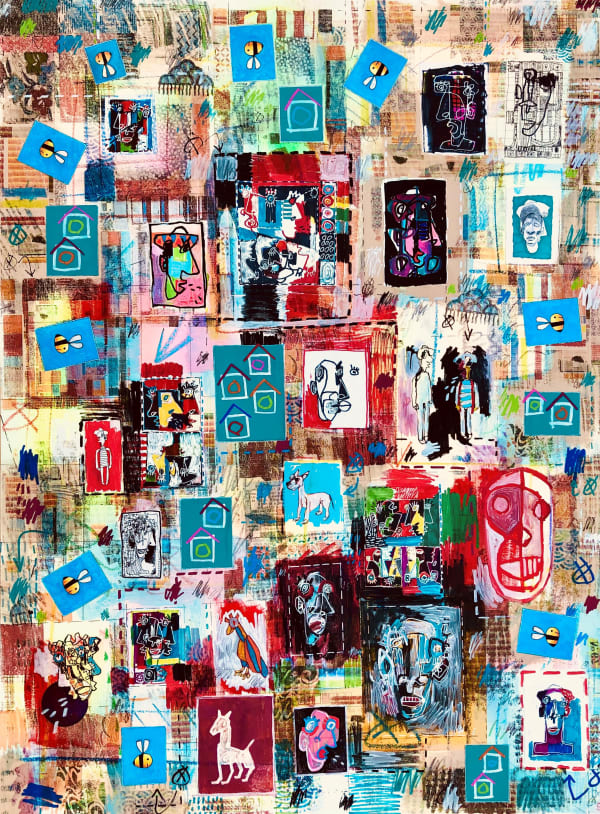 Collage of abstract bees and faces on paper