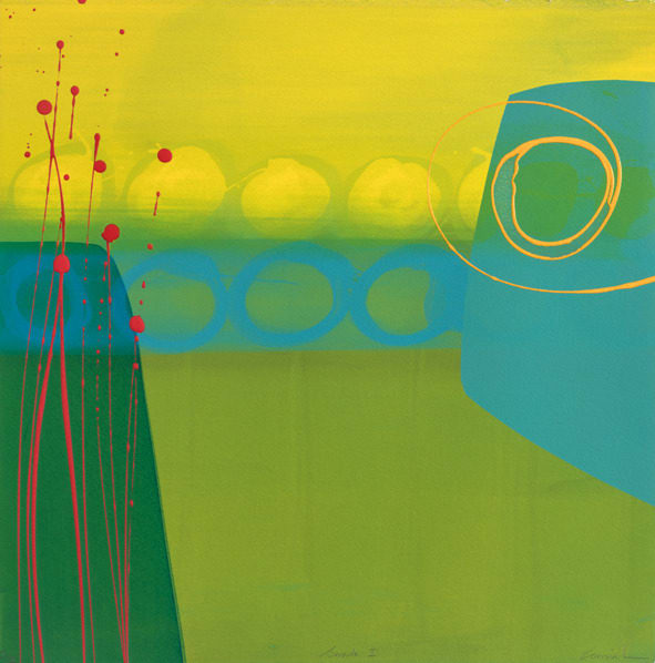 Charlotte Cornish British artist monotype green background blue circles