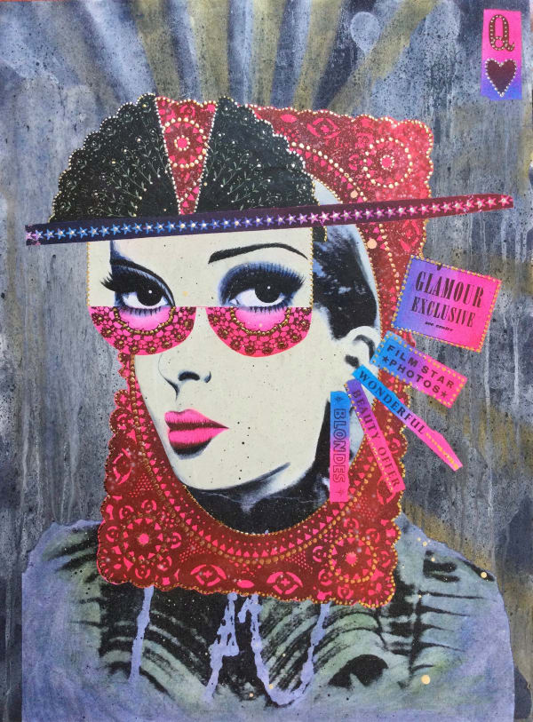 Roo Abrook, Glamour, 2023, Collage on wooden panel with spray paint and gold leaf. British artist blends Victorian and 1950s photography with contemporary techniques creating a surrealist portrait. Turner Art Perspective, Essex Gallery