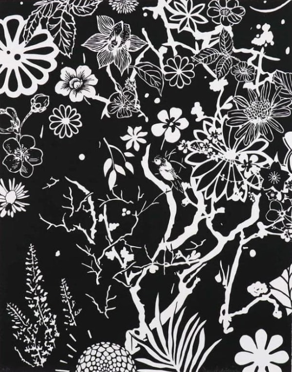 Unique Silkscreen print with hand finished background by Dan Baldwin titled Imaginary Landscape, featuring a black background and white symbols creating an imaginary landscape with branches and a variety of flora in a contemporary style. Turner Art Perspective, Essex Art Gallery