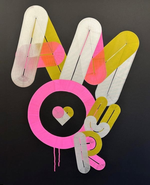 Dave Towers, Artist, Amour, Love, Neon Pink, Metallic, Gold, Silver, Black canvas, Turner Art Perspective, Essex Chelmsford Art Gallery