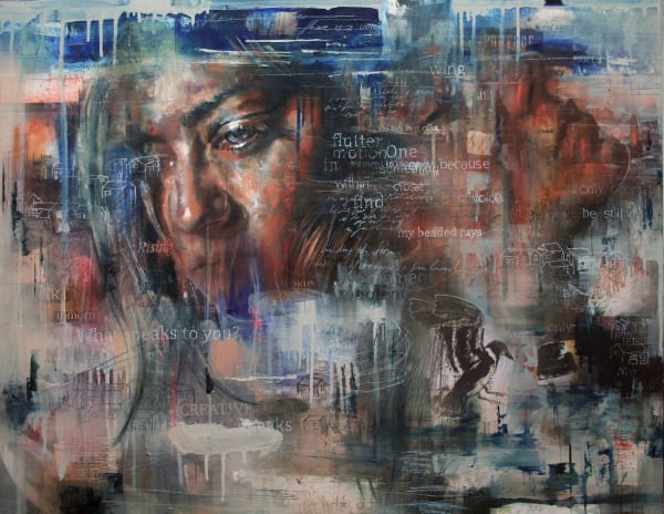 Original Painting with spray paint by British female artist Toni Codgell titled Holding the Fire a close-up of a women’s face with layers of blue tones and poetic words in a street art style on a collage of newspaper print. Turner Art Perspective, Essex Gallery.