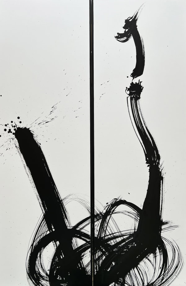Ink on canvas by abstract artist Rod McIntosh depicting an abstract ink swirl and two sweeping brushstrokes lines on two separate panels making a Diptych, titled From Tiny Acorns. Turner Art Perspective, Essex Gallery