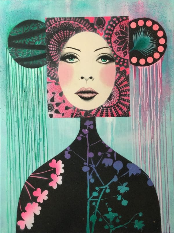 Original Painting with acrylic and spray paint by Roo Abrook titled Beauty from within (2023), depicting an expressionless female face surrounded by a patterned square and two circles representing ears giving the portrait a surrealist quality