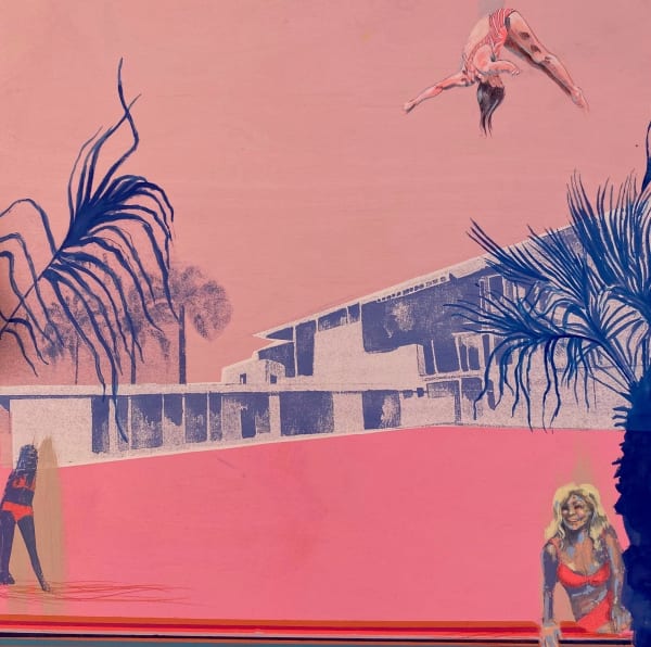 Anna Marrow, Artist, Miami Poolside, Mixed Media Painting on Birch Ply, Pink, Purple, Turner Art Perspective