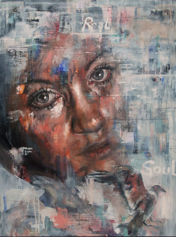 Original Painting with spray paint by British female artist Toni Codgell titled Reconnection depicting a close-up female face with white, grey and pink paint layers in a street art style with a bird in flight. Turner Art Perspective, Essex Gallery.