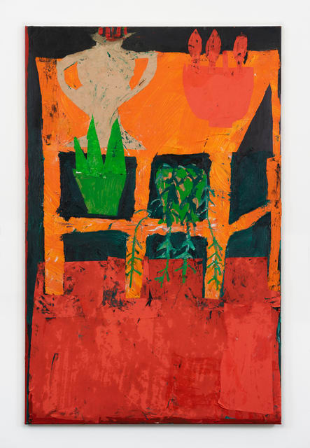 Florence Hutchings The Orange Plant Stand , 2020 Oil, collage and oil bar on canvas 140 x 90 cm