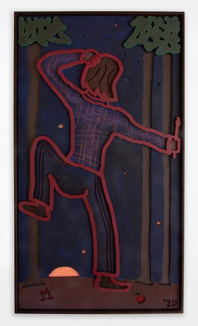 Max Rumbol When the Apple Drops, 2020 Oil, acrylic and spray paint on wood panel with wooden relief 123 x 69 cm