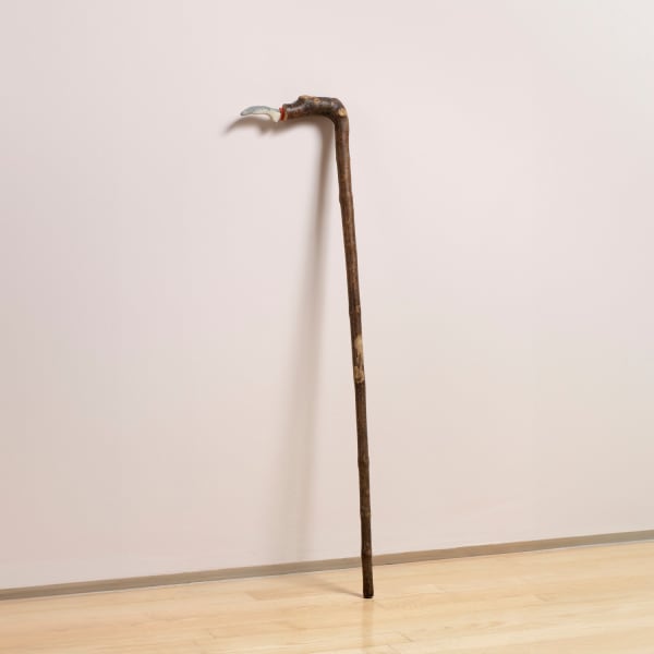 Freddie Robins Alice, 2016 Machine knitted wool, flint, reclaimed wooden walking stick 87 x 20 x 4 cm