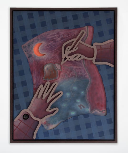 Max Rumbol A Work in Progress, ca. 2021 Oil, acrylic, pastel, graphite, spray paint, buttons on wood and canvas 60 x 47 cm