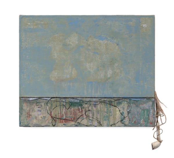 Simon Burton Still tumbled and smoking, 2023 Oil and charcoal on linen with twine and clay pipe 43 x 47 cm