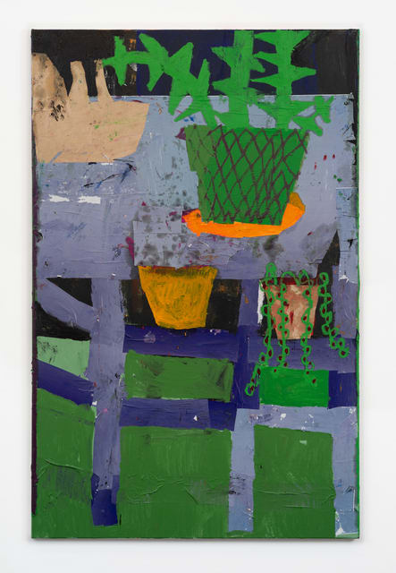 Florence Hutchings The Purple Plant Stand, 2020 Oil, collage and oil bar on canvas 140 x 90 cm