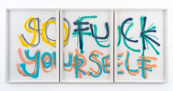 Thomas Langley Positive Vibrations, 2018 Ink and spray paint on paper (framed as triptych) 70 x 168 cm
