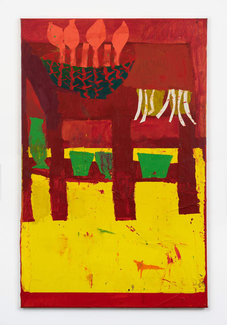 Florence Hutchings The Red Plant Stand, 2020 Oil, collage and oil bar on canvas 140 x 90 cm