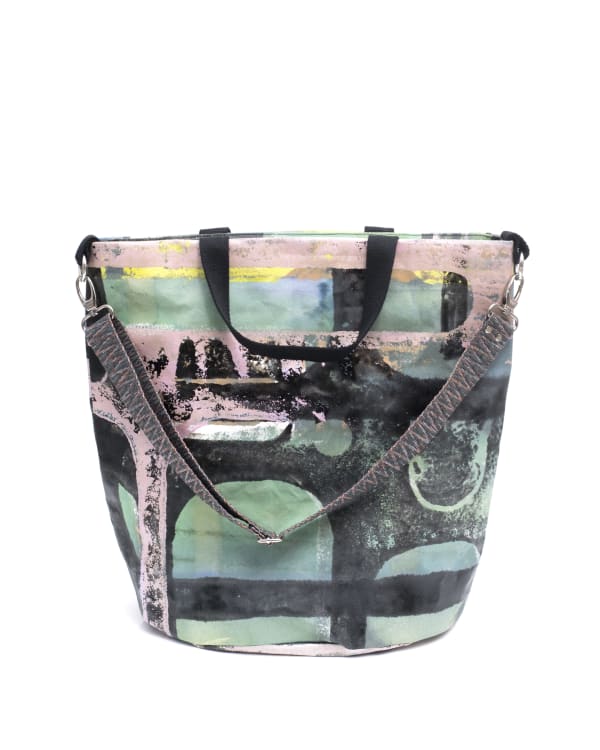 Shane Bradford Urban Totem Barrier Bag, 2023 Painted canvas, 3-pocket stone grey poplin lining, black cotton webbing handles, light olive green woven cotton shoulder strap with nickel plated fixtures, magnetic clasp 43 x 43 x 25 cm