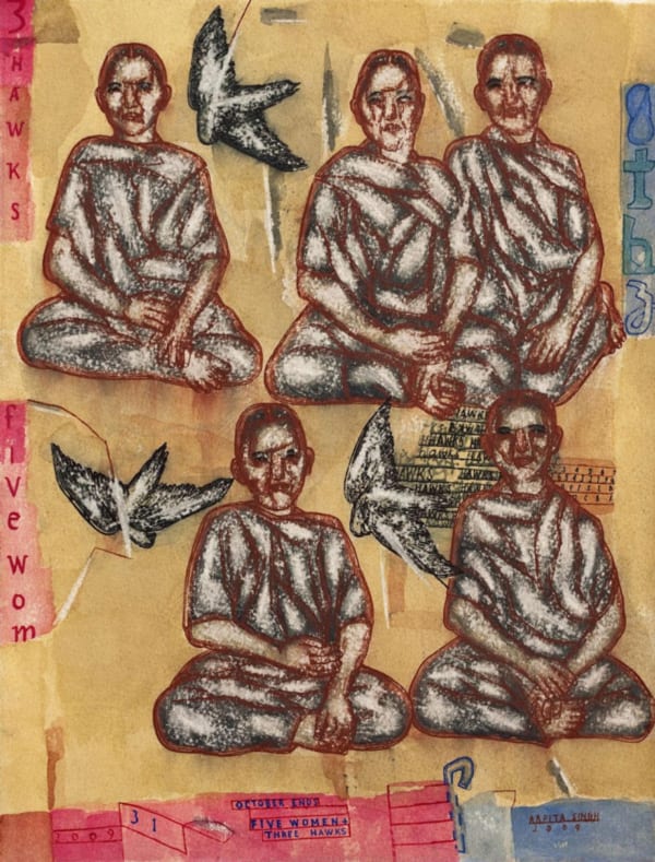 Arpita Singh, Five women & three hawks, 2010