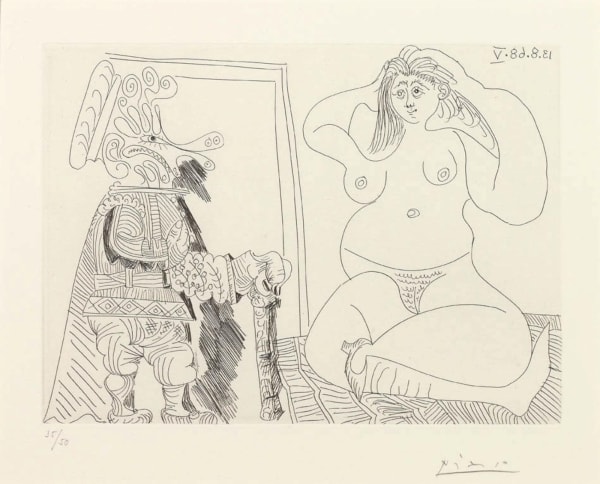 Pablo Picasso, Seated Nude and Costumed Character with Cane (347 Series), 1968