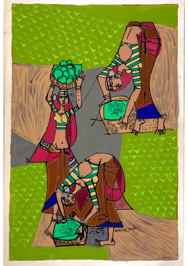 Jyoti Bhatt, Three Women (Green), 2018