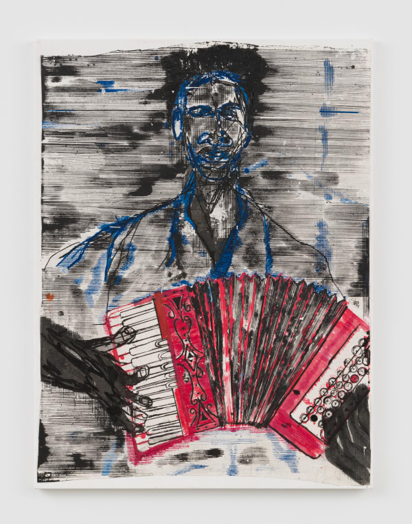 thin cuts of paper with ink mounted and man playing accordion