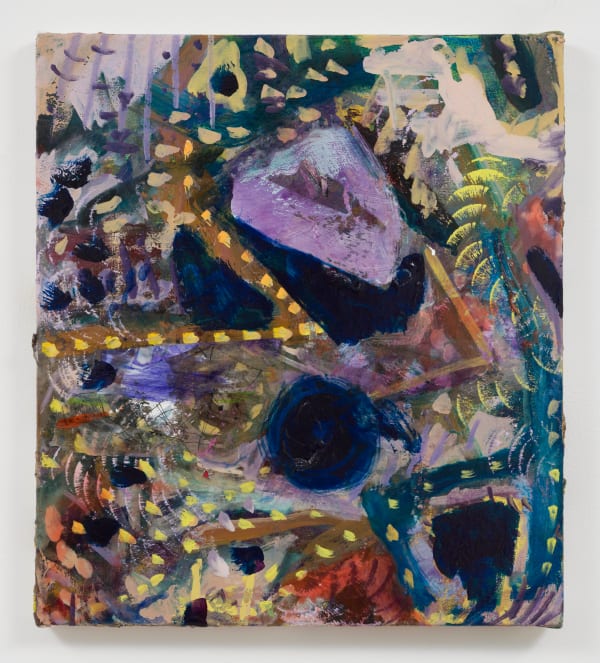 oil on canvas of blue circles and lines with yellow dots on them