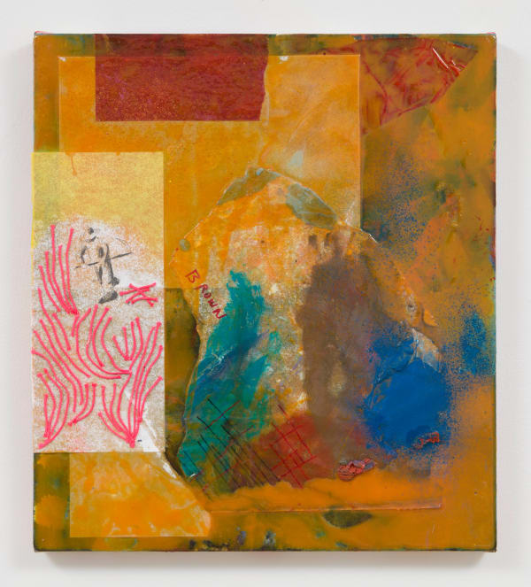 mixed media with pink lines and shades of orange