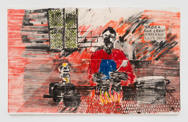 thin cuts of paper with ink mounted and person cooking on street