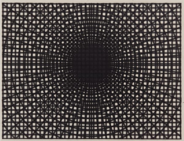 a work on paper with black lines converging to a circle near it's center