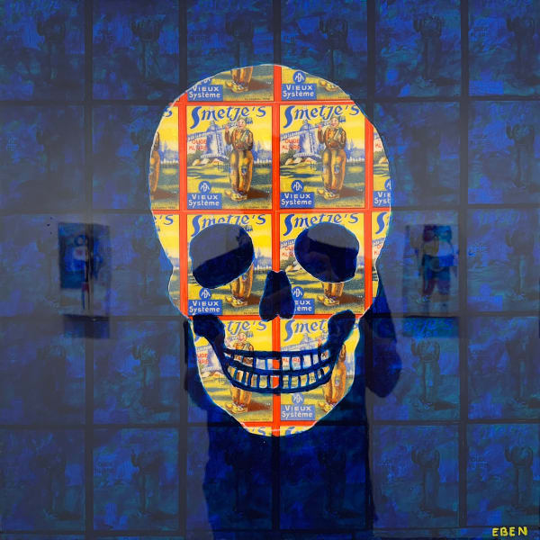 Eben Dunn, untitled (skull w/ Smetje's labels - blue), 2025