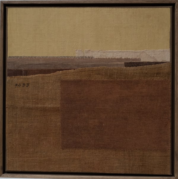 Mary Norden From Where I Stand, 2023 Vintage fabric fragments on canvas 50 x 50 cm Signed and dated verso