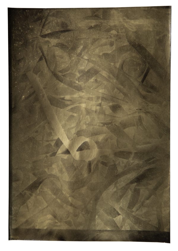 Nick Fox Love's Sigh 14, 2024 Gold dust on carbon paper Work: 29.7 x 21 cm Framed on and under with museum glass 40.3 x 30.1cm Series: Love's Sigh Signed and dated verso